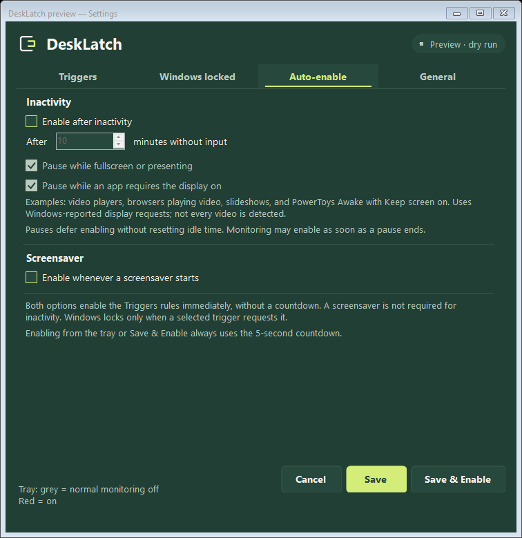 DeskLatch Auto-enable settings in the desktop preview, showing the inactivity interval, presentation pauses and screensaver activation option.