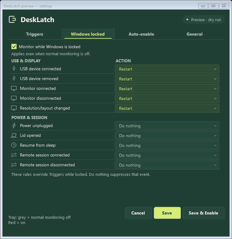 DeskLatch Windows locked settings in the desktop preview, with the optional guard and separate event responses.