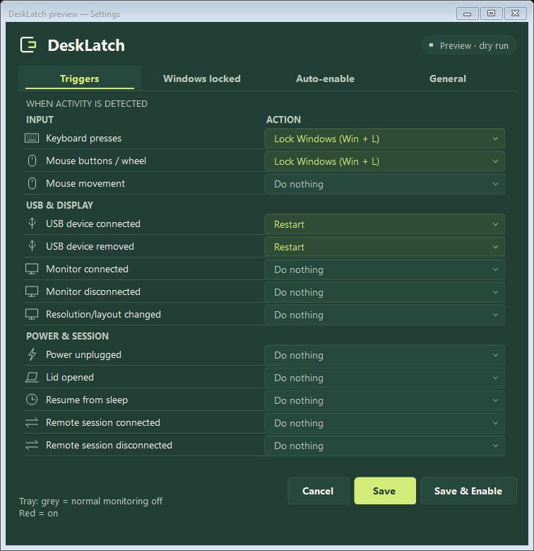 DeskLatch Triggers settings in the desktop preview, showing event action dropdowns.